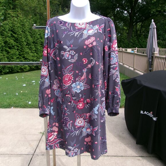 LOFT GRAY FLORAL PRINT LONG SLEEVE DRESS 2 - Picture 1 of 1